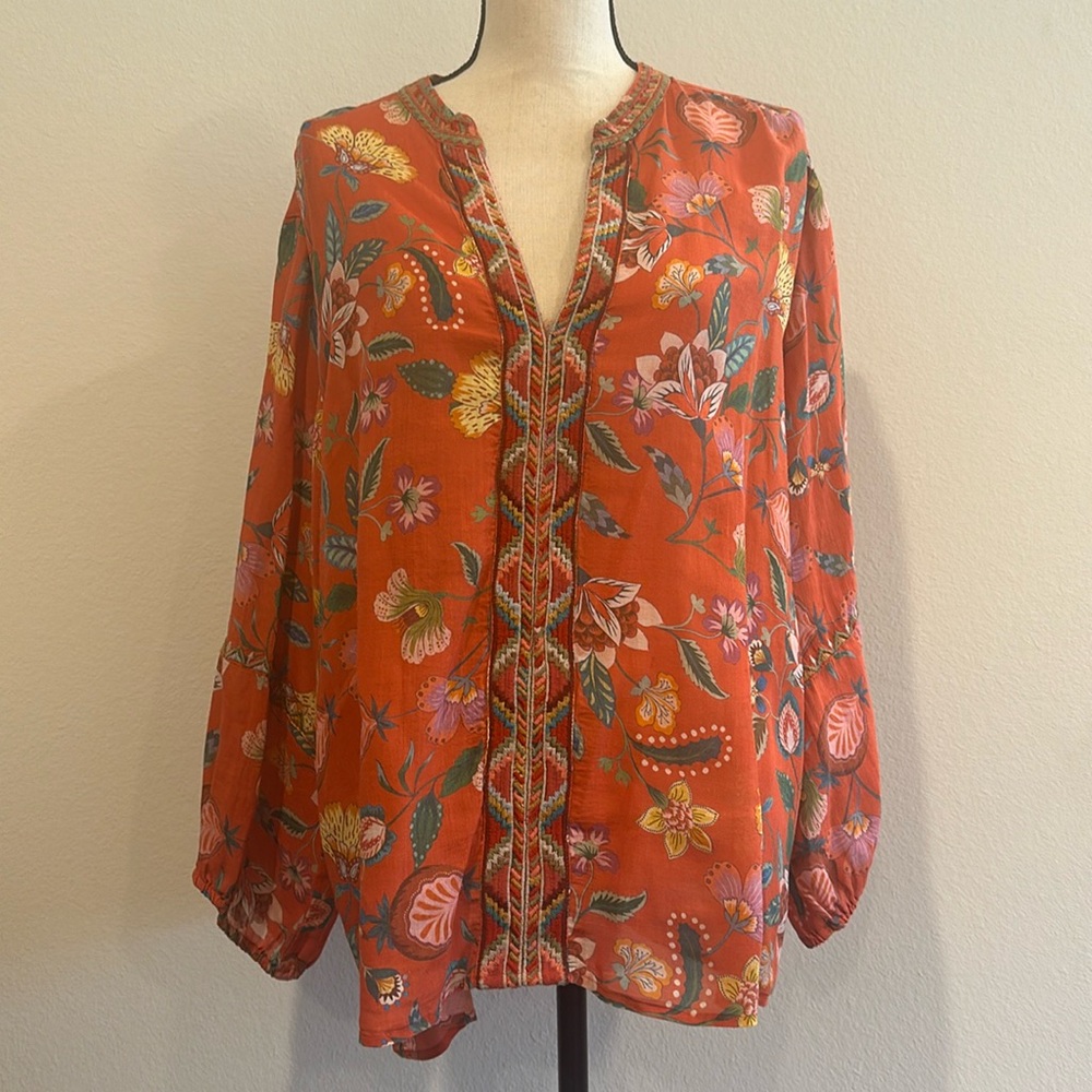 Johnny Was Floral Embroidered Blouse in Red and Green